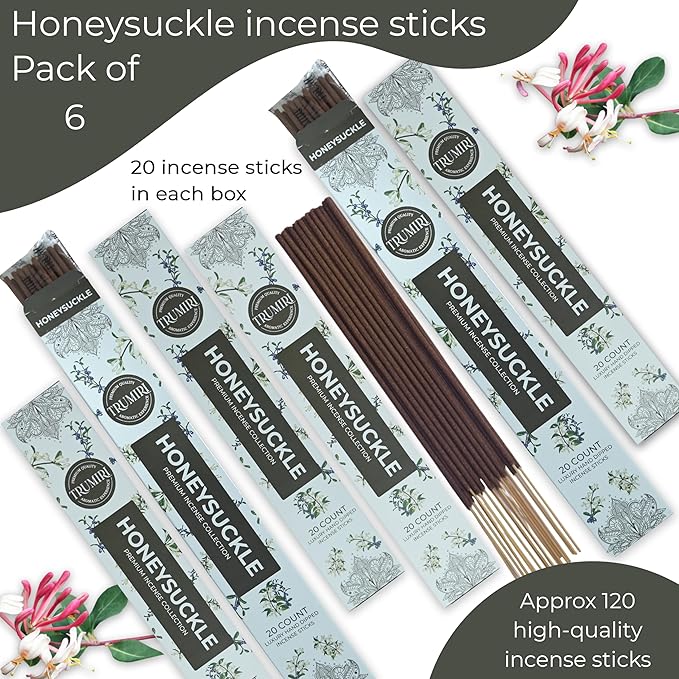 Honeysuckle Incense Sticks - Total 120 Insence-Sticks - 6 Packs of 20 Insense - Inciensos - Inscents - Natural Non Toxic Ingredients - Incents - Incence - Inscense - Insents TRUMIRI