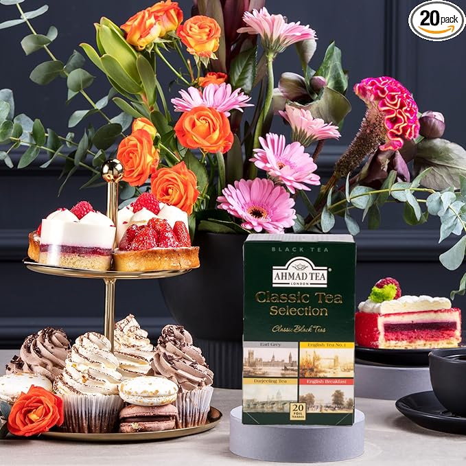 Ahmad Tea Black Tea, Classic Selection Pack Teabags, 4 Teas Earl Grey, English No.1, Darjeeling, & English Breakfast, 20 ct Teabags (Pack of 1) - Caffeinated & Sugar-Free - Bloomnest