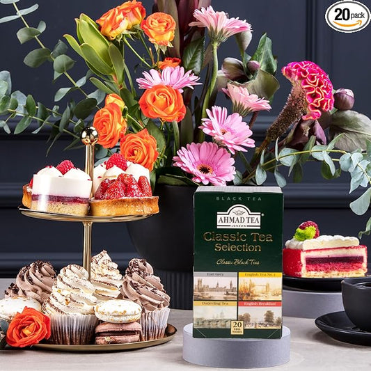 Ahmad Tea Black Tea, Classic Selection Pack Teabags, 4 Teas Earl Grey, English No.1, Darjeeling, & English Breakfast, 20 ct Teabags (Pack of 1) - Caffeinated & Sugar-Free - Bloomnest