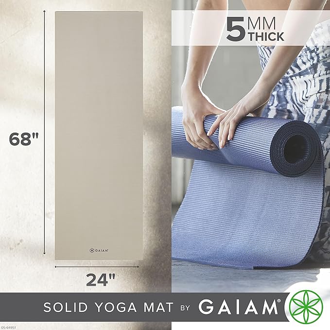 Gaiam Yoga Mat - Premium 5mm Solid Thick Non Slip Exercise & Fitness Mat for All Types of Yoga, Pilates & Floor Workouts (68" x 24" x 5mm) - Bloomnest