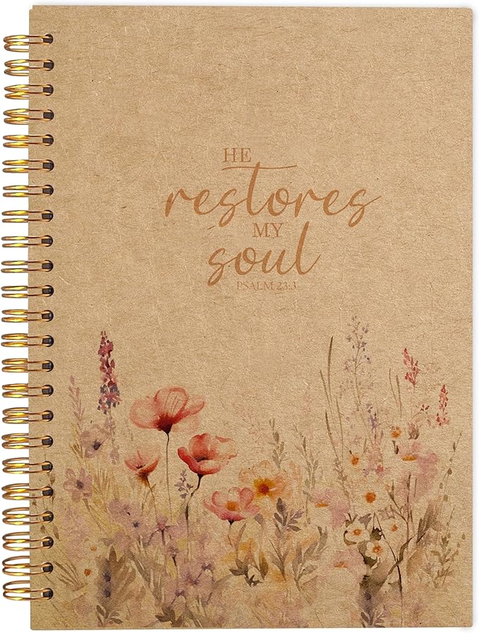 Christian Notebook for Women, Christian Art Gifts Journal, Prayer Journal for Women, Bible Journaling Notebook, PSALM 23:3 He Restores My Soul Floral Spiral Notebook 5.5x8.3 Kraft Paper - Bloomnest