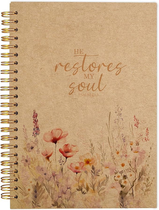 Christian Notebook for Women, Christian Art Gifts Journal, Prayer Journal for Women, Bible Journaling Notebook, PSALM 23:3 He Restores My Soul Floral Spiral Notebook 5.5x8.3 Kraft Paper - Bloomnest