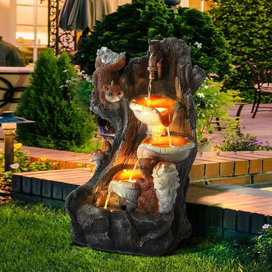 MAGIC UNION Outdoor Water Fountain, Garden Decor Outside Indoor Waterfall Cascading Rock Fountain with Retro Decorative Faucet, Patio Resin Fountains for Yard, Deck, Porch and Home, Imitation Stump - Bloomnest
