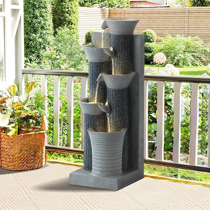 MAGIC UNION Outdoor Water Fountain, 5 Tiers Cascading Waterfall Indoor Water Feature Garden Decor with LED Lights, Patio Resin Fountains for Yard, Deck, Porch and Home, Bamboo Element (Gray) - Bloomnest