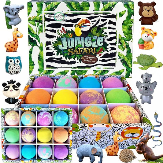 Bath Bombs for Kids with Surprise Inside, 12 Bubble Bath Fizzies with Jungle Animal Toys. Moisturizing, Gentle & Kids Safe, Rainbow Spa Bath Fizz, Stocking Stuffers Christmas Gifts for Boys, Girls - Bloomnest