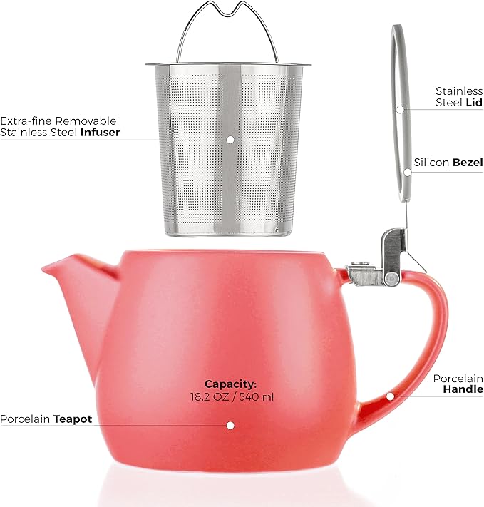 Tealyra - Pluto Porcelain Small Teapot Red - 18.2-ounce (1-2 cups) - Matte Finish - Stainless Steel Lid and Extra-Fine Infuser To Brew Loose Leaf Tea - 540ml - Bloomnest