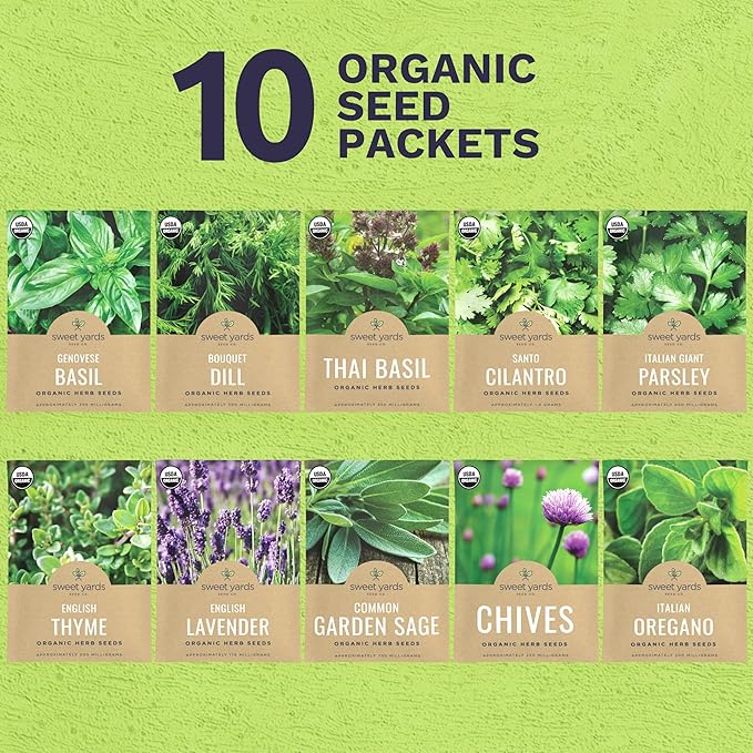 Organic Herb Seeds Variety Pack - 10 Individual Packs - 2025 Season - Basil, Cilantro, Dill, Thyme, Parsley and More! for Indoor & Outdoor Planting (Non-GMO, Certified Organic) - Bloomnest