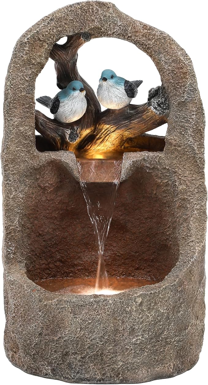 27" Outdoor Water Fountain with LED Lights,2-Tier Bird Natural Zen Garden Fountain, Relaxing Waterfall Floor, Yard, Porch or Deck Decor, Whether-Resistant, Faux Granite Texture - Bloomnest