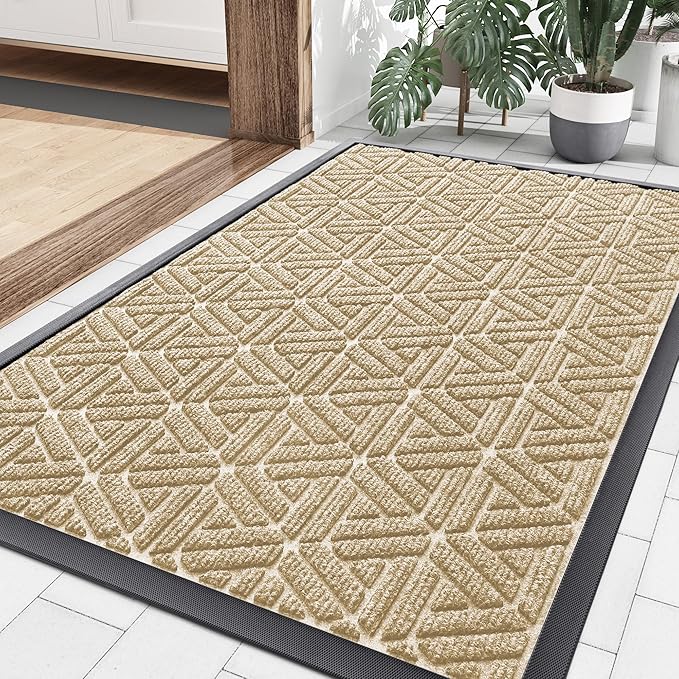 Smiry Front Door Mat Outside Entrance, Heavy Duty Sturdy Natural Rubber Doormat, Trap Dirt and Moisture, Easy Clean Low Profile Mats for Indoor Outdoor Entry, Grid Geometric (36x24, Beige) - Bloomnest