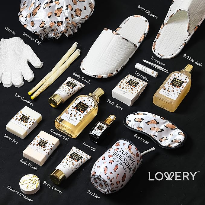 Luxury At-Home Spa Kit with Honey Almond Scent - Bath Gift Basket with Vit E-Rich Bath Essentials, Tumbler, Ear Candles, Bath Oil, Salts, Shower Steamer, Organic Lip Balm & More in Leopard Basket, 21