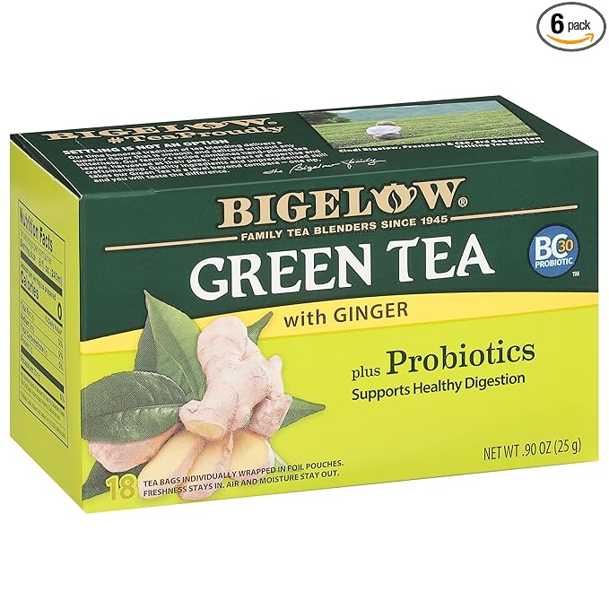 Bigelow Tea Green Tea with Ginger Plus Probiotics, Caffeinated Tea with Ginger, 18 Count Box, (Pack of 6), 108 Total Tea Bags - Bloomnest