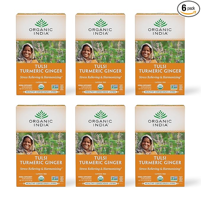 ORGANIC INDIA Tulsi Turmeric Ginger Herbal Tea - Stress Relieving & Harmonizing, Immune Support, Aids Digestion, Vegan, Caffeine-Free - 18 Infusion Bags, 6 Pack - Bloomnest