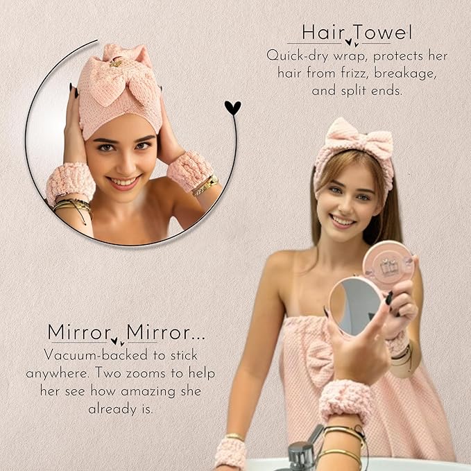 Happy Lolli Power Shower Gift Set – College Essential Bath Accessories for Women and Teen Girls – Includes Body Towel, Hair Towel, Wrist Bands, Headband, Face Sponge and More (Fresh in Pink)