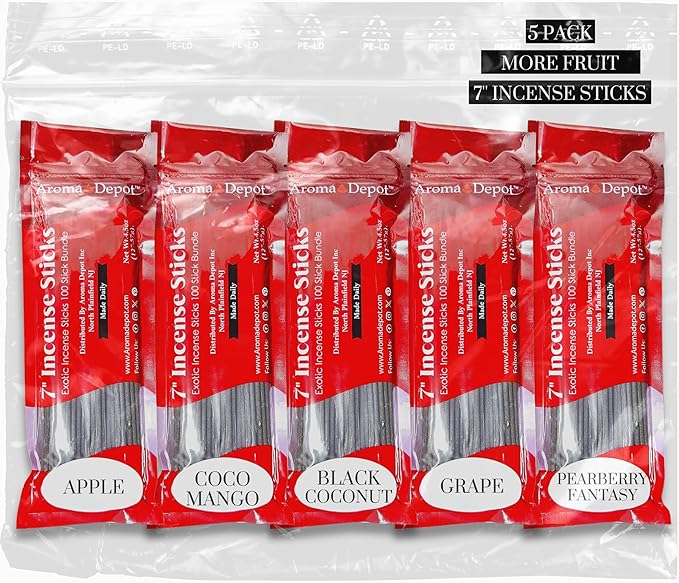 More Fruit Set 7'' Incense Sticks - Variety Set 500 Pack - 7 inch - 5 Bundles 100 Sticks Per Fragrance Scent. Set Features Cucumber, Kiwi, Lemon, Strawberry, Watermelon