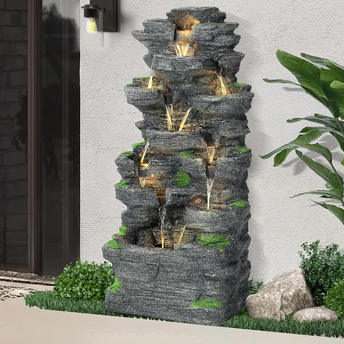 40''H Outdoor Water Fountain - Garden Rock Waterfall Fountains, Outdoor/Indoor Floor Standing Resin Water Fountain with 10 LED Light for Patio, Garden and Backyard, Deck, Porch, Home - Bloomnest