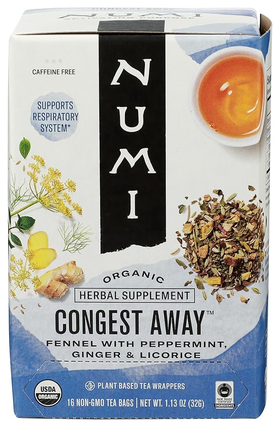 Numi Organic Congest Away Herbal Tea – 16 Herbal Tea Bags – Caffeine Free Cooling Blend with Fennel Peppermint Ginger Cinnamon & Licorice for Soothing Respiratory Comfort - Bloomnest
