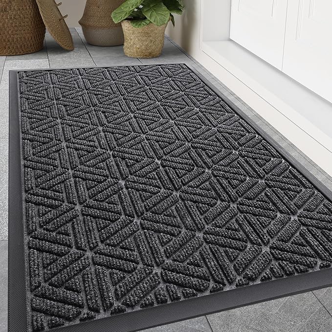 Smiry Front Door Mat Outside Entrance, Heavy Duty Sturdy Natural Rubber Doormat, Trap Dirt and Moisture, Easy Clean Low Profile Mats for Indoor Outdoor Entry, Grid Geometric (71x47, Grey) - Bloomnest