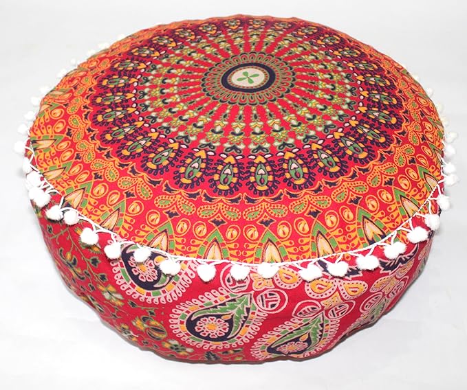 INDIAN CRAFT CASTLE ICC Red Peacock Mandala Barmeri Large Floor Pillow Cover Cushion Meditation Seating Ottoman Throw Cover Hippie Decorative Zipped Bohemian Pouf Ottoman Cases 16" Round - Bloomnest