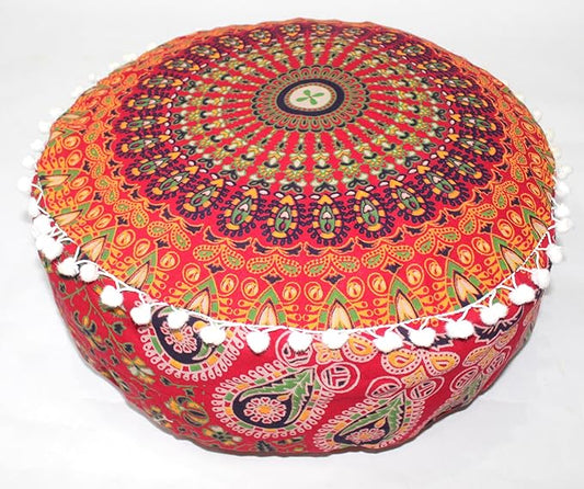 INDIAN CRAFT CASTLE ICC Red Peacock Mandala Barmeri Large Floor Pillow Cover Cushion Meditation Seating Ottoman Throw Cover Hippie Decorative Zipped Bohemian Pouf Ottoman Cases 16" Round - Bloomnest
