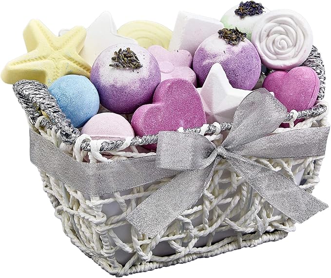 Bath Bombs Gift Set for Women, 17 Large Bath Fizzies in Assorted Colors, Shapes & Scents, Bath and Body Spa Set with Shea & Coco Butter, Ultra Rich Spa Set in Handmade Weaved Basket - Bloomnest