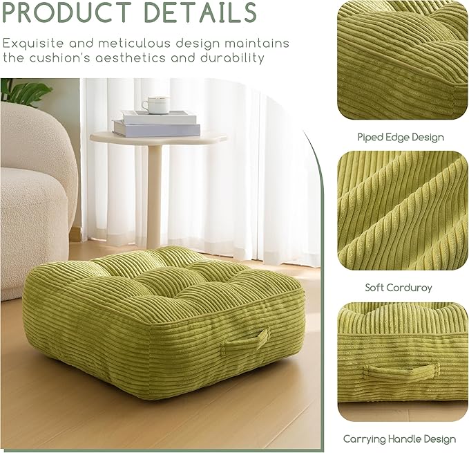 8" Washable Floor Pillow Cushion for Adults, Meditation Cushion Pillow, Large Square Floor Sitting, Removable Tufted Corduroy Cover, for Tatami Living Room or Yoga, 22x22 Inch, Machine Washable - Bloomnest