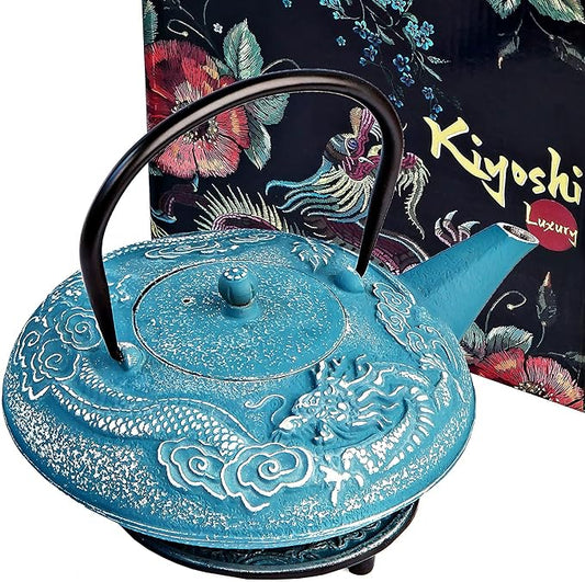 Large Cast Iron Tea Kettle Set - 40oz/1200ml Japanese Teapot with Infuser & Matching Trivet - Tetsubin Iron Tea Pot Japanese Style with Enamel Interior - Handcrafted Dragon Teapot Humidifier - Blue