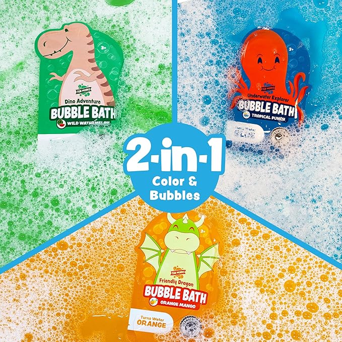 Tub Works® Magical Kids Bubble Bath, Variety 12 Pack | Creates Colorful Water & Tons of Bath Bubbles | Nontoxic | Character-Themed Bubble Bath for Kids | Green, Blue & Orange Bath Colors - Bloomnest