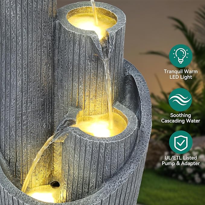 31" Modern Outdoor Water Fountain with LED Lights, 5-Tier Twist Pedestal Bowl Garden Fountain, Cascading Waterfall for Relaxing Garden, Patio, Backyard, Deck, Porch or Home Decor - Bloomnest