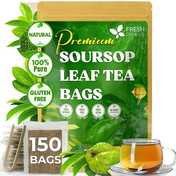 FreshDrinkUS, 150 Premium Soursop Graviola Leaf Tea Bags, 100% Natural and Pure, Hand-made, Made With Natural Materials-Corn Fiber Tea Bag, Sugar/Caffeine/Gluten Free, Hoja Guanabana Tea - Bloomnest
