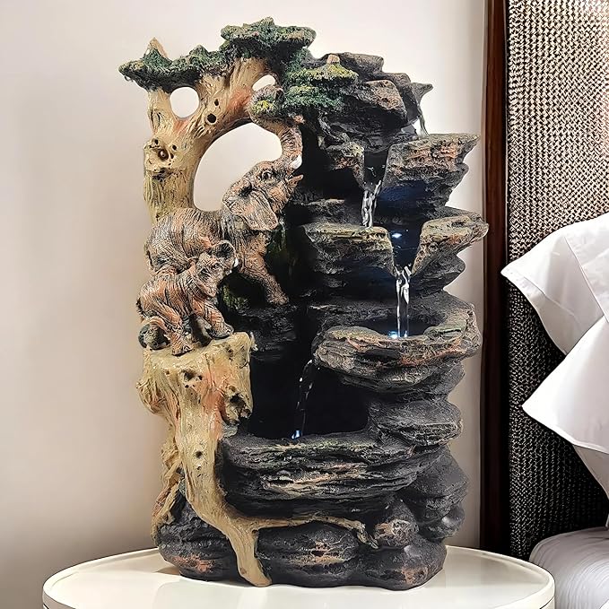 Water Fountain Indoor, Desktop Fountain Waterfall,Elephant Sculpture Layered LED Lighting. Indoor Office and Home Decorations Suitable for Creating a Peaceful Atmosphere. - Bloomnest