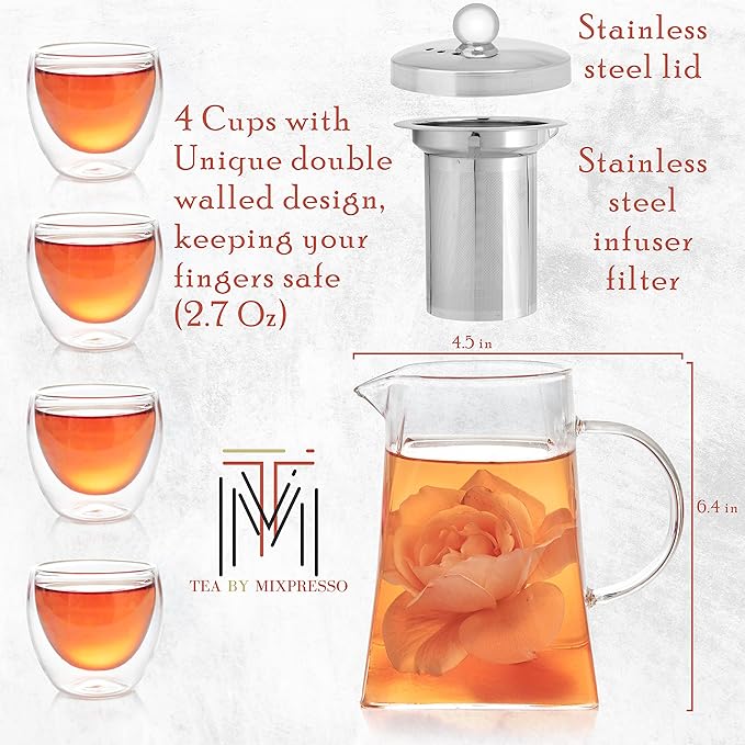 Mixpresso 5 Piece Glass Tea Pot Set, Kettle with Removable Infuser, Clear Glass Teapot 33oz With 4 Double Wall Cups 2.7oz Stovetop Safe Teapot For Loose Leaf Tea, Perfct As Tea Gift Sets. - Bloomnest