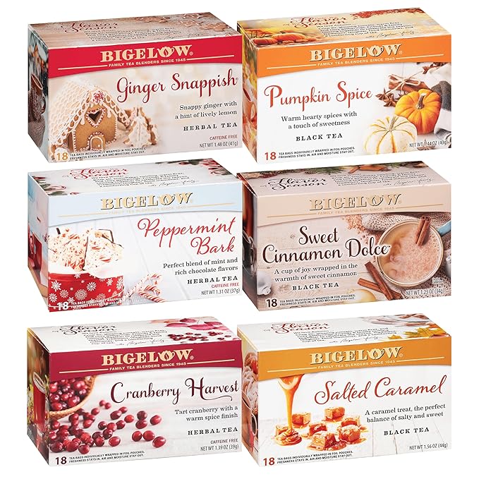Bigelow Tea Seasonal Tea 6 Flavor Variety Pack, Mixed Caffeinated and Caffeine Free, 18 Count Pack of 6, 108 Total Tea Bags - Bloomnest