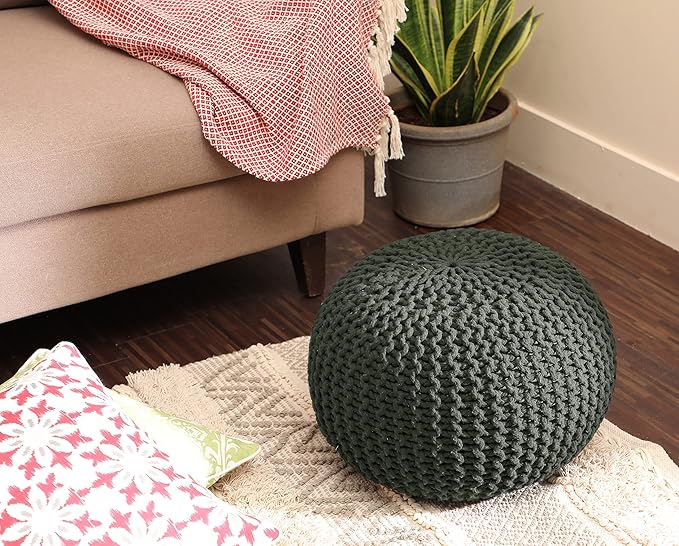 REDEARTH Round Hand Knitted Pouf - Foot Stool Bean Bag Ottoman - Cord Boho Pouffe - Poof Accent Beanbag Footrest for Living Room - Bedroom - Patio - Lounge (19.5"x19.5"x14") - Olive - Bloomnest