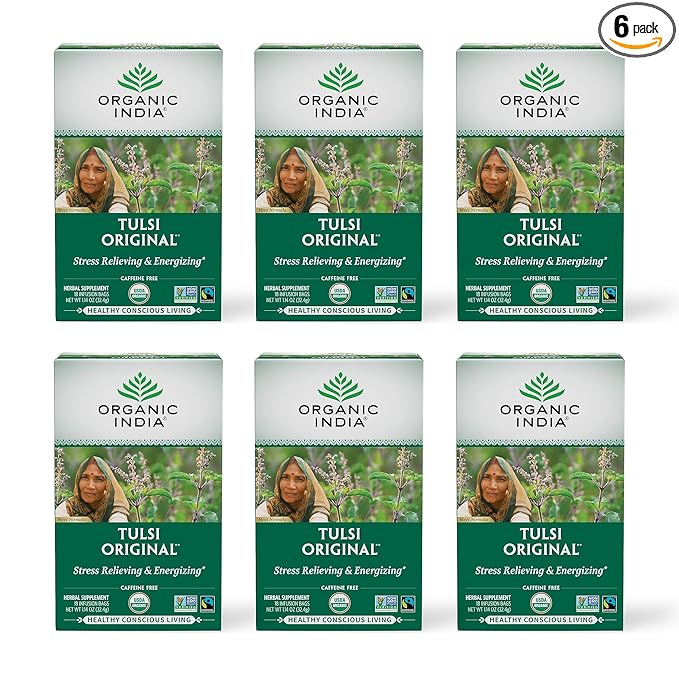 ORGANIC INDIA Tulsi Original Herbal Tea - Holy Basil and African Basil Calming and Stress Relief Tea, Immune Support, USDA Certified Organic, Non-GMO, Caffeine-Free - 18 Infusion Bags, 6 Pack - Bloomnest