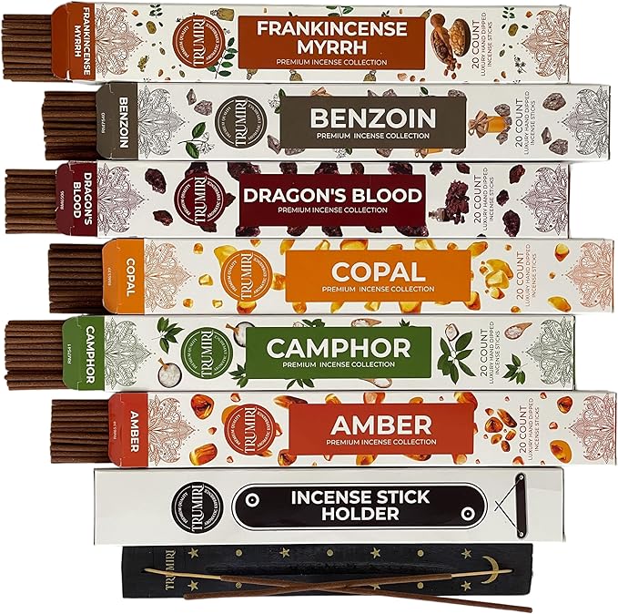 Trumiri Incense Sticks - 120 Insence-Sticks (20 Insense x 6 Incents) - Incienso Inscents-Sticks with Dragon Blood Frankincense Myrrh Benzoin Amber Copal Resin and Camphor Alcanfor + Incense Holder - Bloomnest