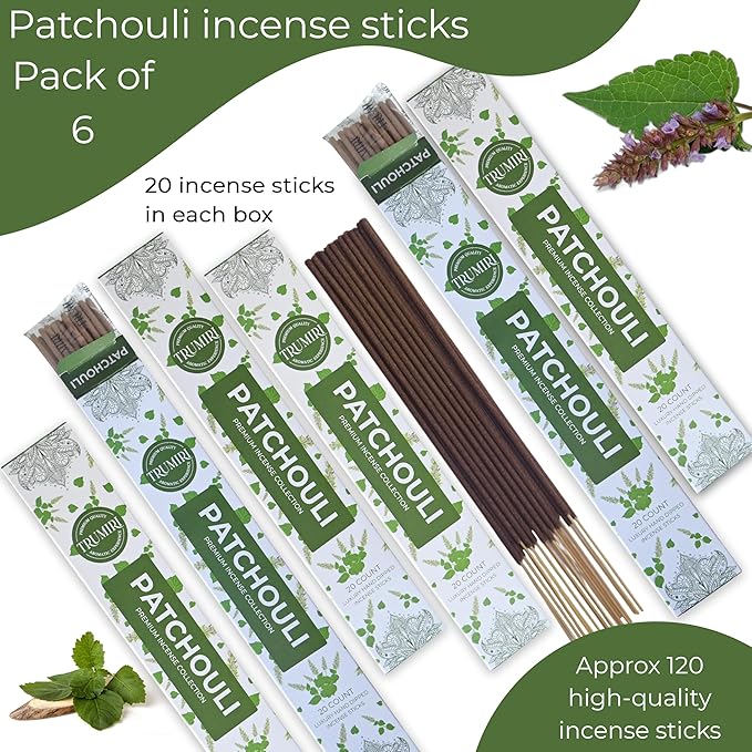 Patchouli Incense Sticks - Total 120 Insence-Sticks - 6 Packs of 20 Insense - Inciensos - Inscents - Natural Non Toxic Ingredients - Incents - Incence - Inscense - Insents