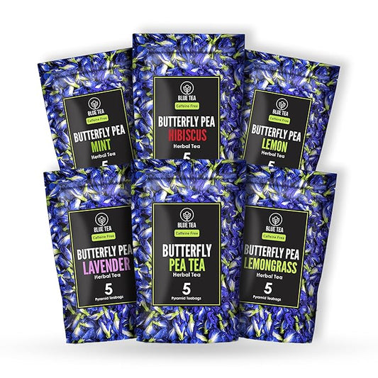 BLUE TEA - Butterfly Pea Flower Tea Gift Set (6 Flavors, 30 Count - Plant Based) | FLORAL FLAVOR | Caffeine Free - Non-Bitter - Herbal Tea - Variety pack - Flower Based | Gifts for Him and Her - Bloomnest