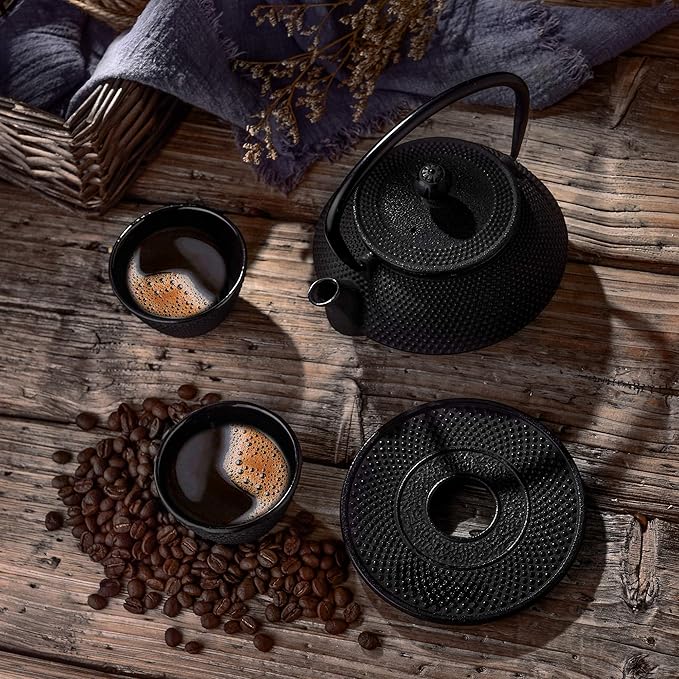 Velaze Cast Iron Teapot Set,Japanese Teapot Heat Preservation with Trivet,Stainless Steel Infuser and 2 Cups,Durable Cast Iron with a Fully Enameled Interior,Beautiful Hammered Design,700ML/23oz - Bloomnest