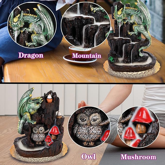 Dragon Backflow 2 Sided Mountain Waterfall Incense Burner,Fountain Smoke Incense Holder with Backflow Incense Cones, Tweezers, Mat，Resin Aromatherapy Meditationvaiuk (Green) - Bloomnest