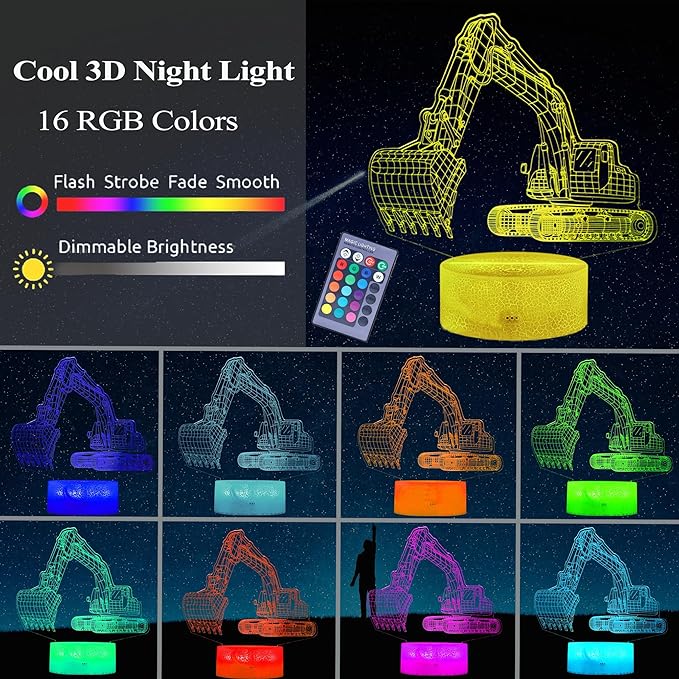 Excavator 3D Illusion Lamp for Kids, Excavator Night Light, Construction Vehicle Gifts with RGB 16 Colors Changing, Remote Control, Dimmable, Kids Room Decoration, Xmas Gifts - Bloomnest
