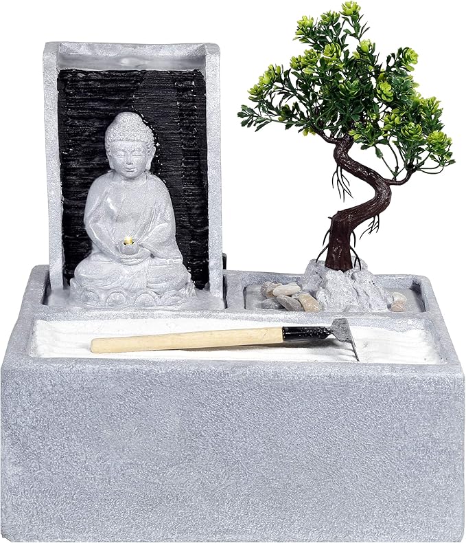 Alpine Corporation DIG278 13" Indoor/Outdoor Tabletop Fountain with LED Lights, Buddha Bonsai Garden Water Feature for Home, Patio & Desk Décor, Gray - Bloomnest
