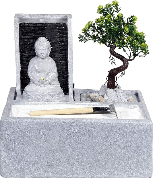 Alpine Corporation DIG278 13" Indoor/Outdoor Tabletop Fountain with LED Lights, Buddha Bonsai Garden Water Feature for Home, Patio & Desk Décor, Gray - Bloomnest