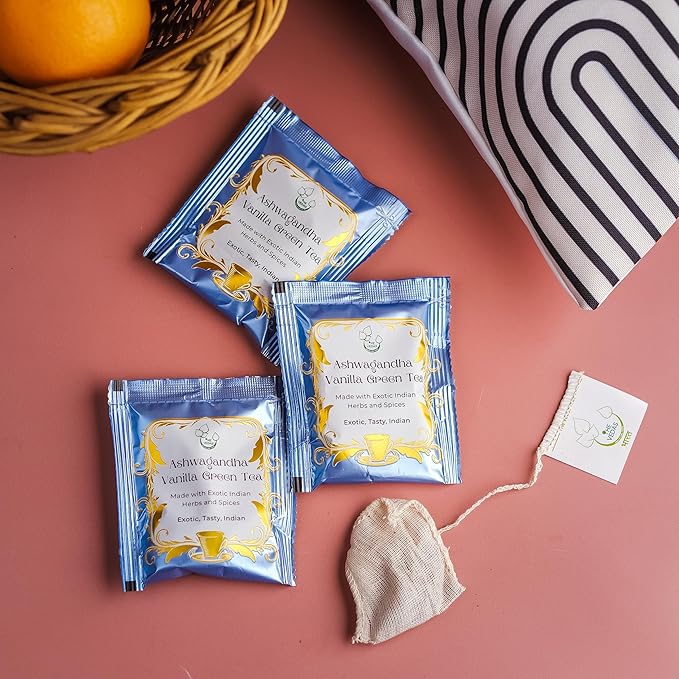 THE VEDAS Ashwagandha Vanilla Green Tea | Green Tea | Biodegradable Cotton Teabags | 40 Tea Bags(Pack of 2) - Bloomnest