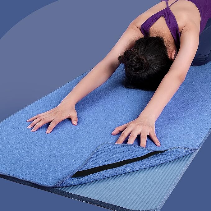 POLYTE Microfiber Hot Yoga Towel Mat with Non-Slip Silicone Grip and Secure Fit Elastic Straps, 24 x 72 in (Blue) - Bloomnest