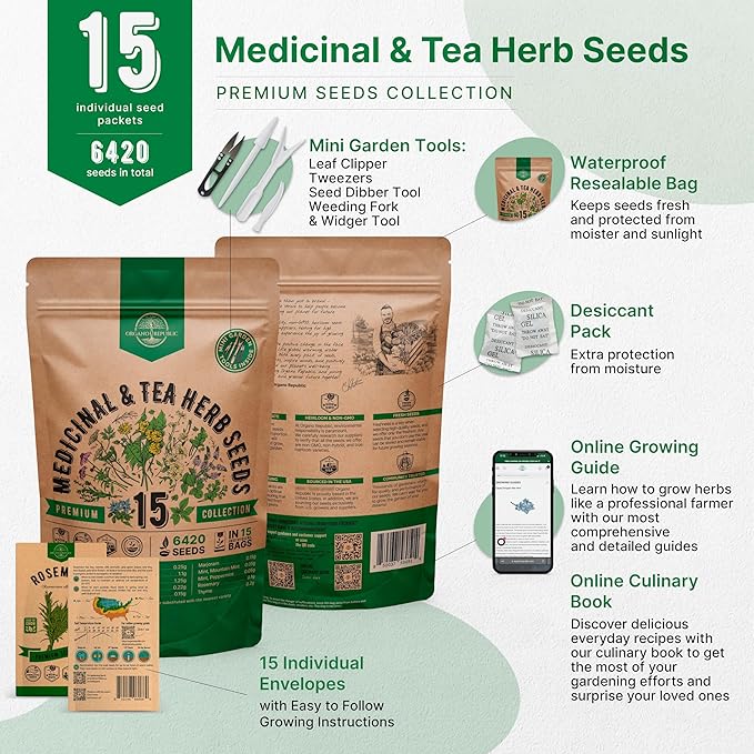 Organo Republic 15 Medicinal & Tea Herb Seeds Variety Pack 6,420+ Non-GMO Heirloom Garden Seeds for Indoor & Outdoors, Including Anise, Borage, Cilantro, Chamomile, Dandelion, Rosemary Seeds - Bloomnest