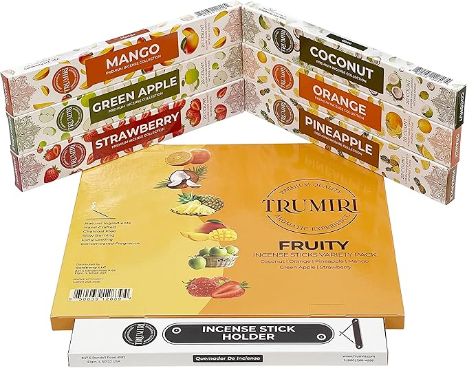 Fruity Incense Sticks Variety Pack - 120 Insence-Sticks (6 Incents x 20 Insense) - Coconut Orange Pineapple Mango Strawberry Apple - Natural Inscents-Sticks Non Toxic Inciensos + Stick Incense Holder - Bloomnest