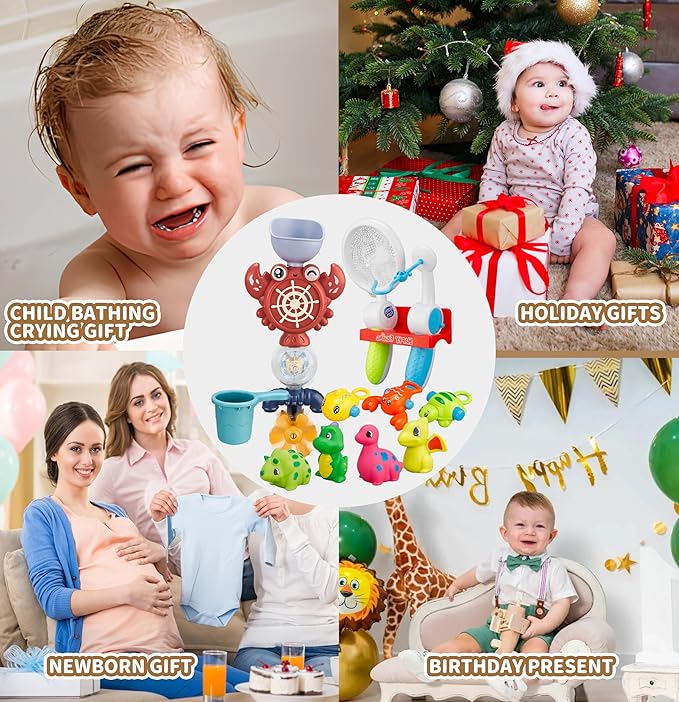Bath Toys Set, Toddlers Bath Toys 1-3, Kid Bathtub Toy with 4pcs Dinosaur Water Spray, Fishing Games with Fish Net, Water Pool Toy , Shower Toy Gift for Boy Girl Infant - Bloomnest