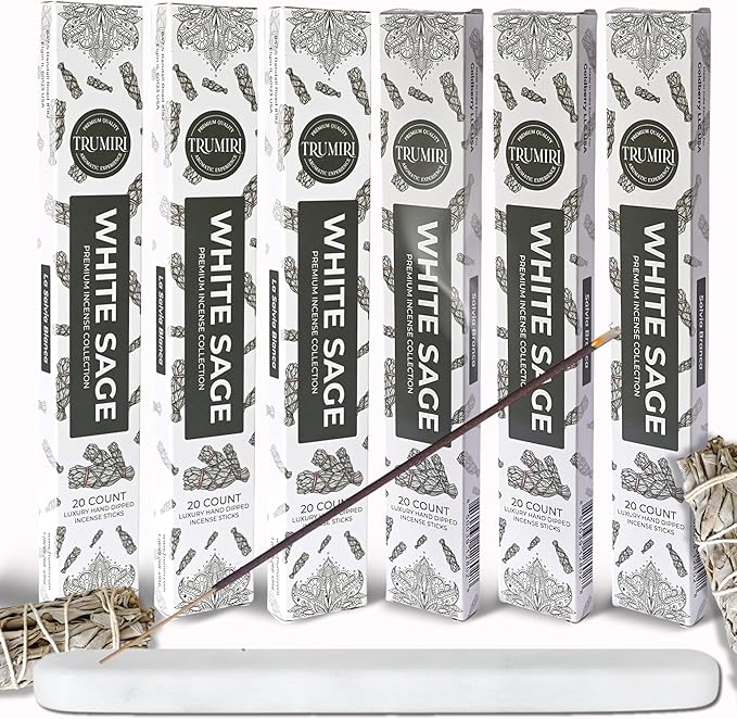 White Sage Incense Sticks for Cleansing - Total 120 Insence-Sticks - 6 Packs of 20 Insense - Inciensos - Inscents - Natural Non Toxic Ingredients - Incents - Incence - Inscense - Insents TRUMIRI