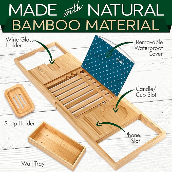 SereneLife Premium Bathtub Tray Caddy with Gift Box and Bow Set, Expandable Bath Tray, Unique House Warming Gifts for Mom, Women, Wedding, Anniversary, Bridal Shower, Fit for All Tub - Classic - Bloomnest