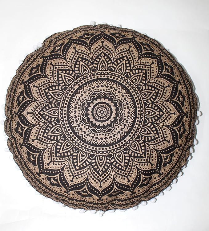 CRAFT KALA Large Round Bohemian Floor Pillow Pouf Cover Mandala Meditation Room Pillow Cover for Adults Boho Seating Poufs Cushion Cover for Kids Playroom 32" Black Gold Ombre - Bloomnest